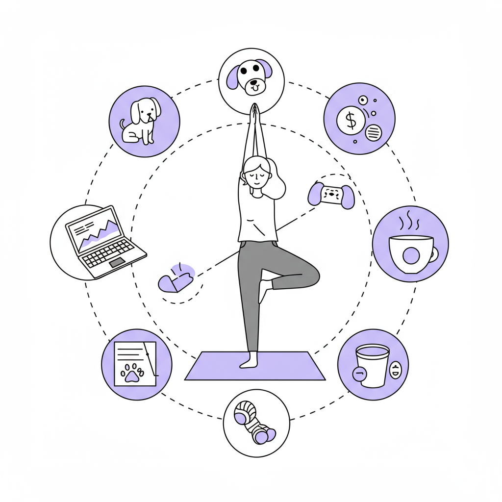 Chic line art: Entrepreneur in yoga pose balancing work, life, & pets; pastel purple dog toy highlight | Femmeprenista