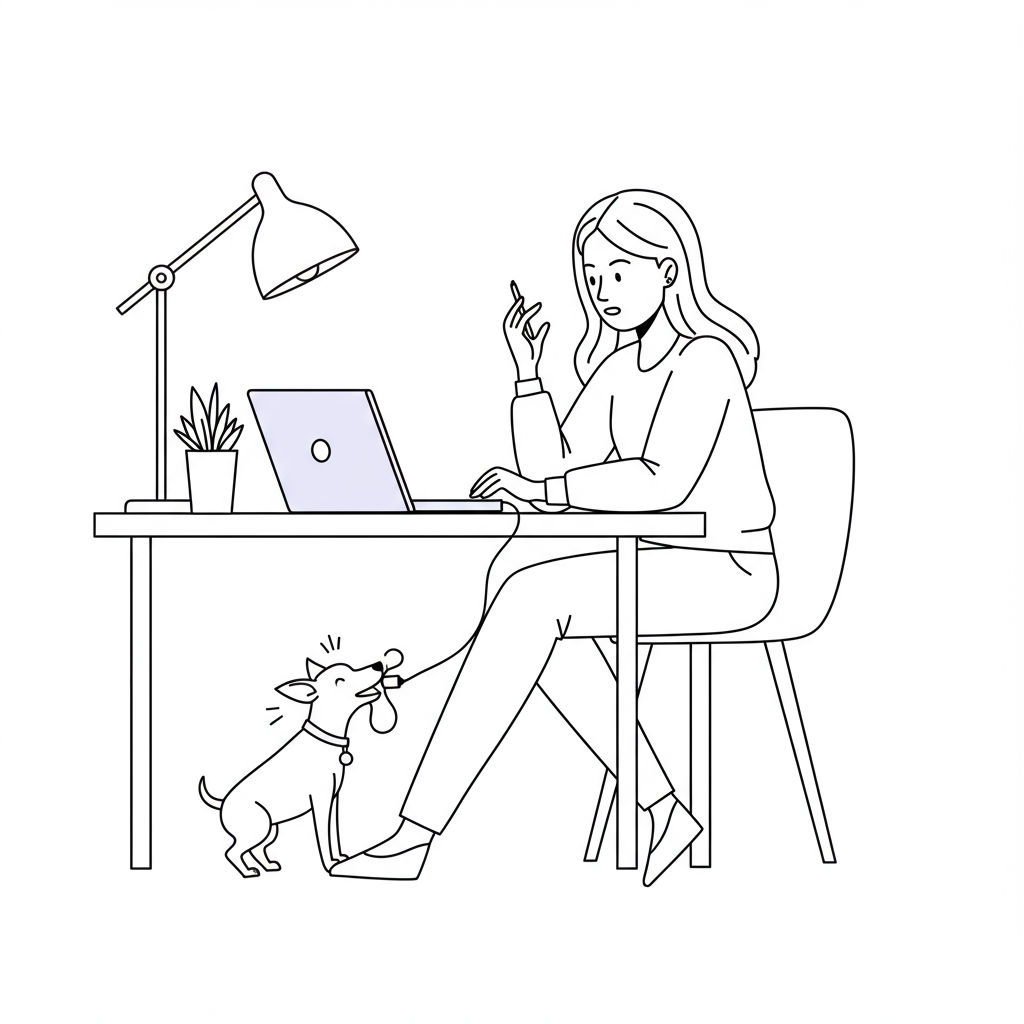 Chic line art: Femmeprenista working from home, amused by her dog playfully tugging the laptop cord; pastel purple heart tag accent | Femmeprenista