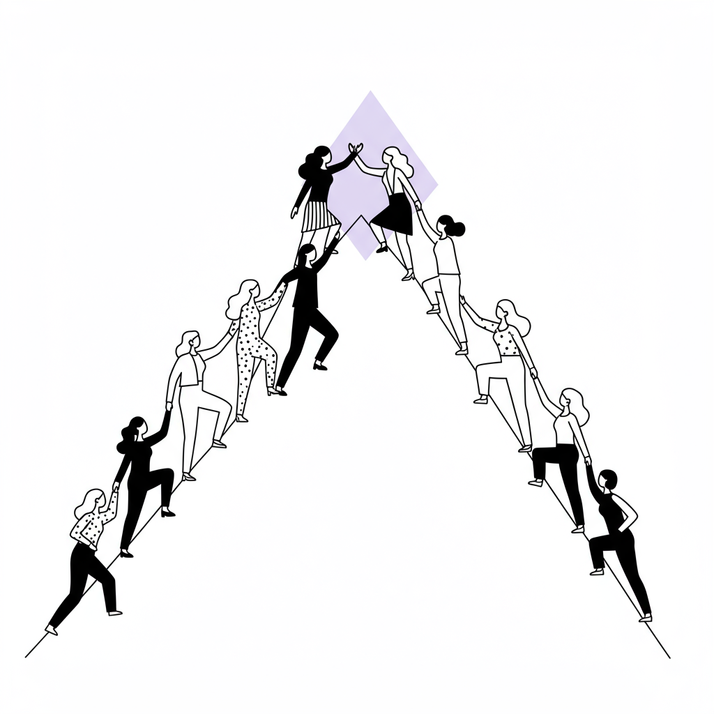 Chic line art: diverse female entrepreneurs climbing a mountain together, pastel purple peak, symbolizing community support | Femmeprenista