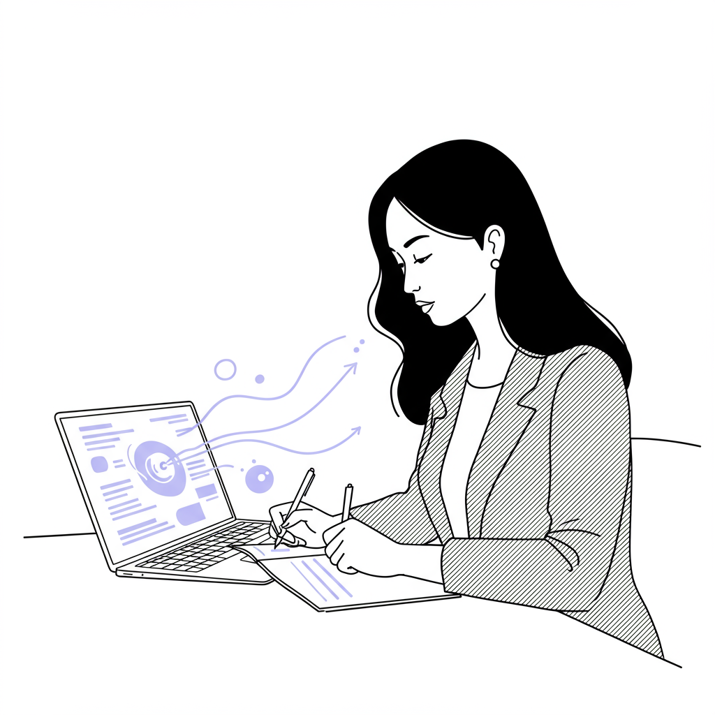 Chic line art of an entrepreneur at a minimalist desk, AI streamlining her work; black and white with pastel purple swirl | Femmeprenista