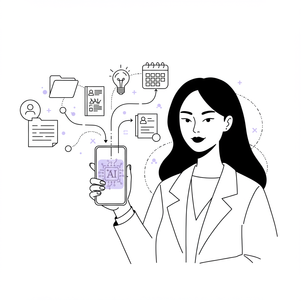 Chic line art: Female entrepreneur streamlines business with AI, tasks simplified via smartphone with pastel purple screen | Femmeprenista