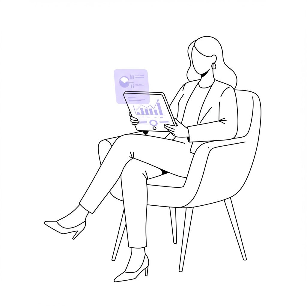 Chic line art: A female CEO confidently reviews data on a tablet; pastel purple highlights business coaching for female entrepreneurs | Femmeprenista