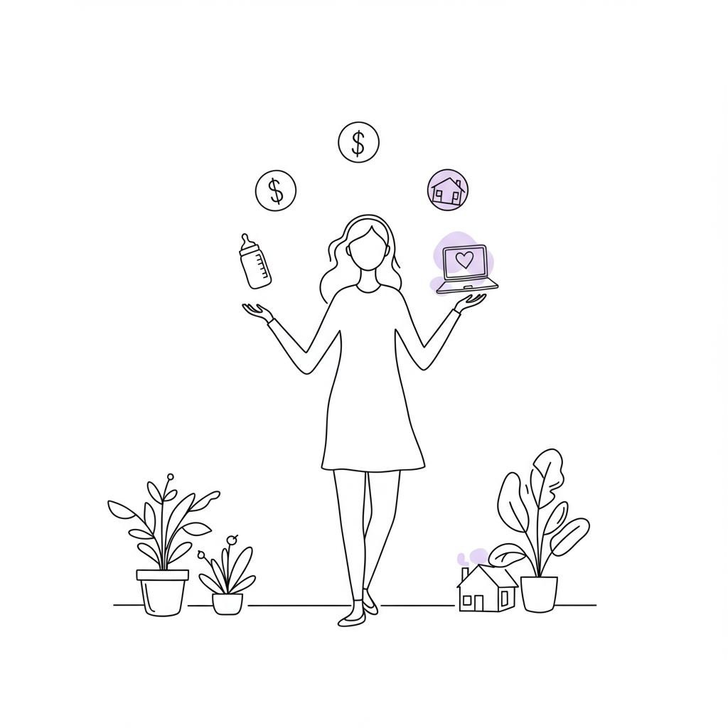 Line art: Mompreneur effortlessly juggling life's demands; pastel purple laptop highlights business growth | Femmeprenista