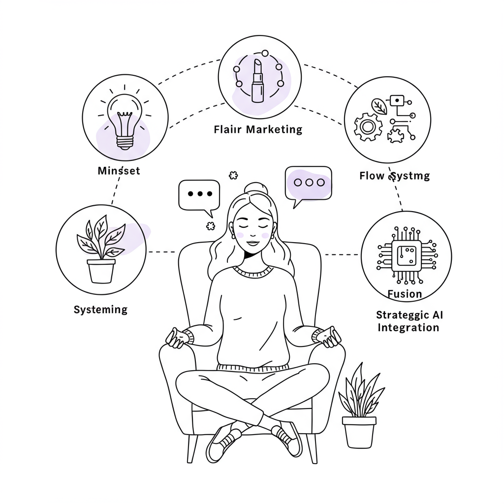 Line art of a mum entrepreneur visualizing balanced business elements, pastel purple lightbulb highlights focus | Femmeprenista