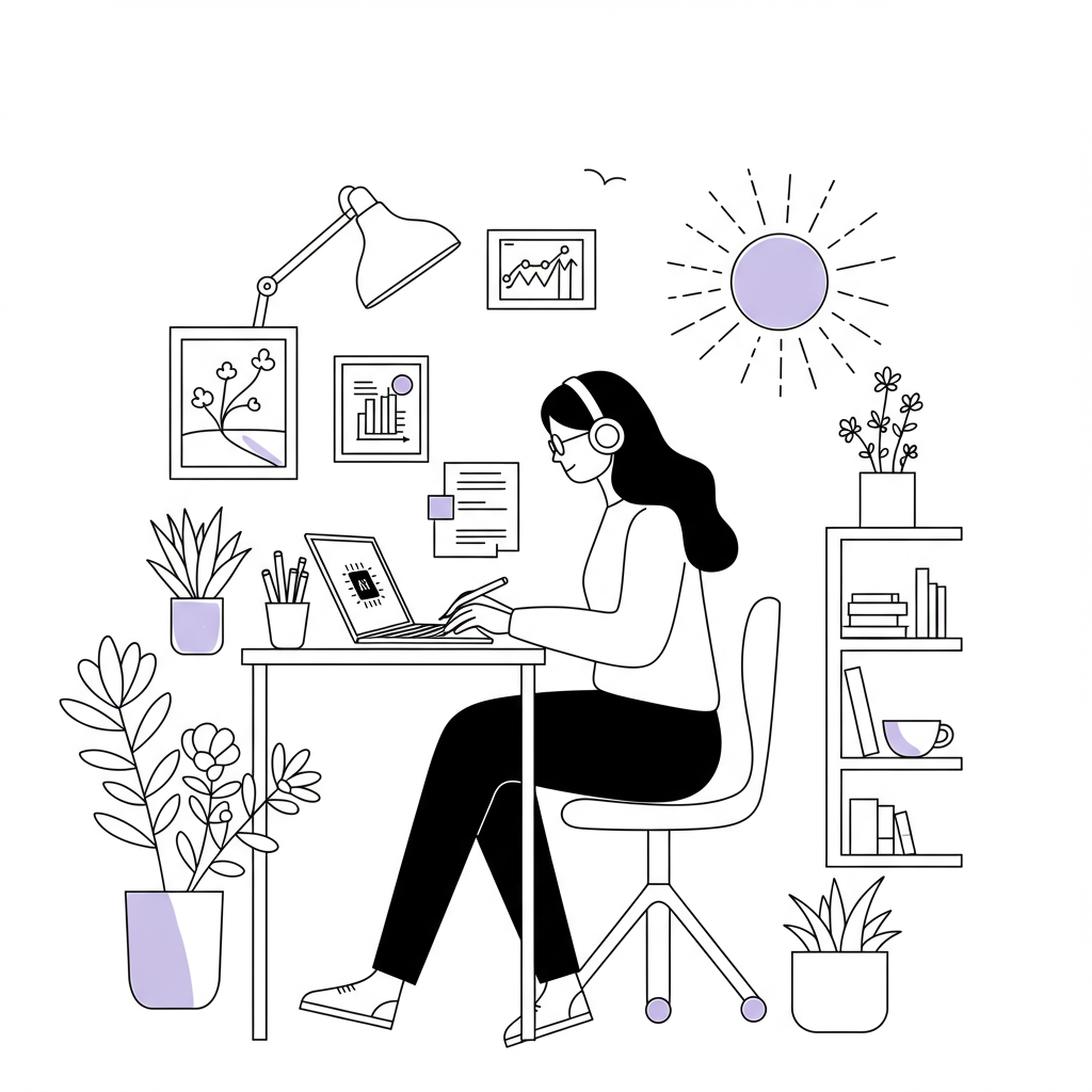 Chic line art illustration: Mum entrepreneur's work-life harmony, energized focus. Pastel purple rising sun accent | Femmeprenista