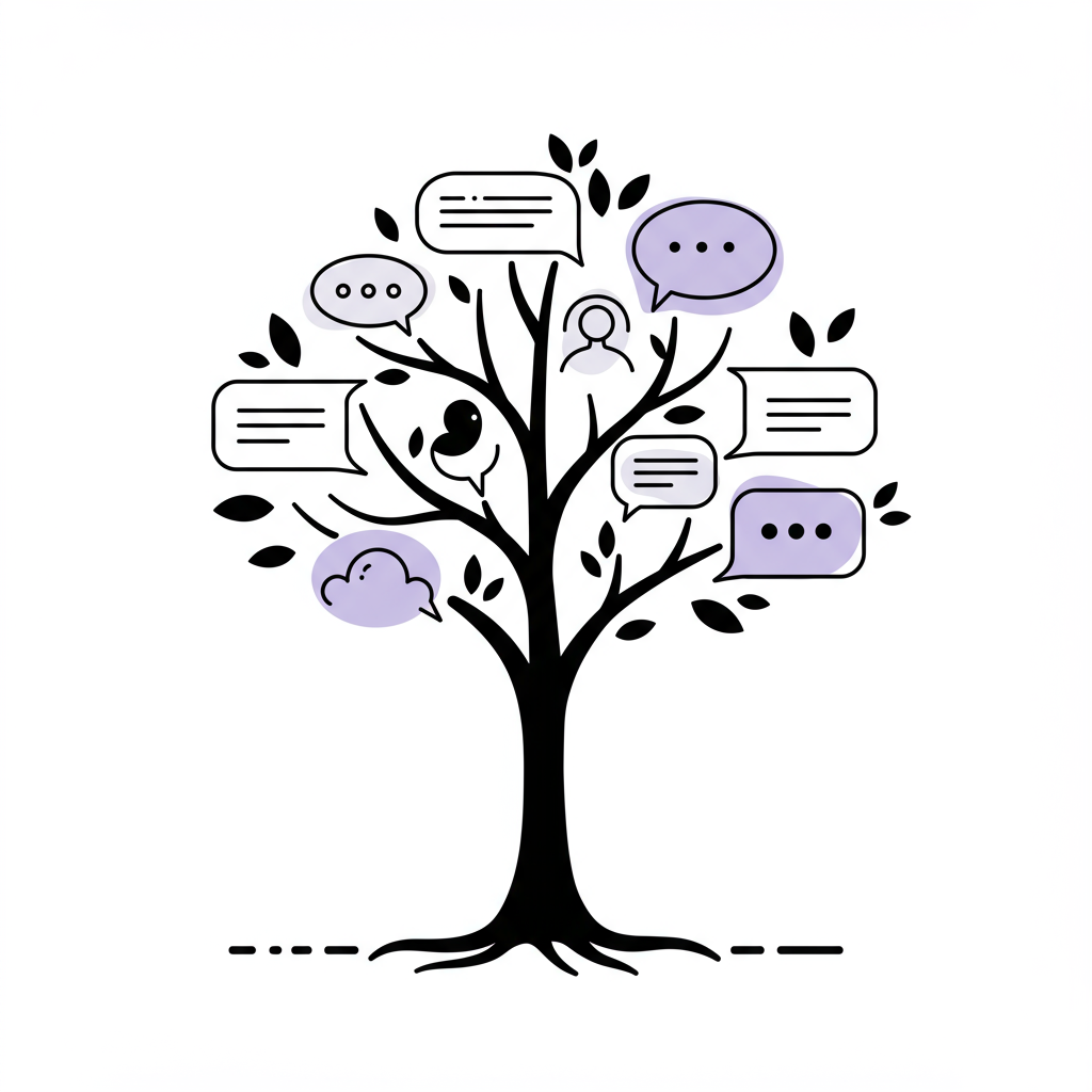 Line art: Thriving tree symbolizes woman CEO's growth via peer advisory, pastel purple speech bubbles emphasize collaboration | Femmeprenista