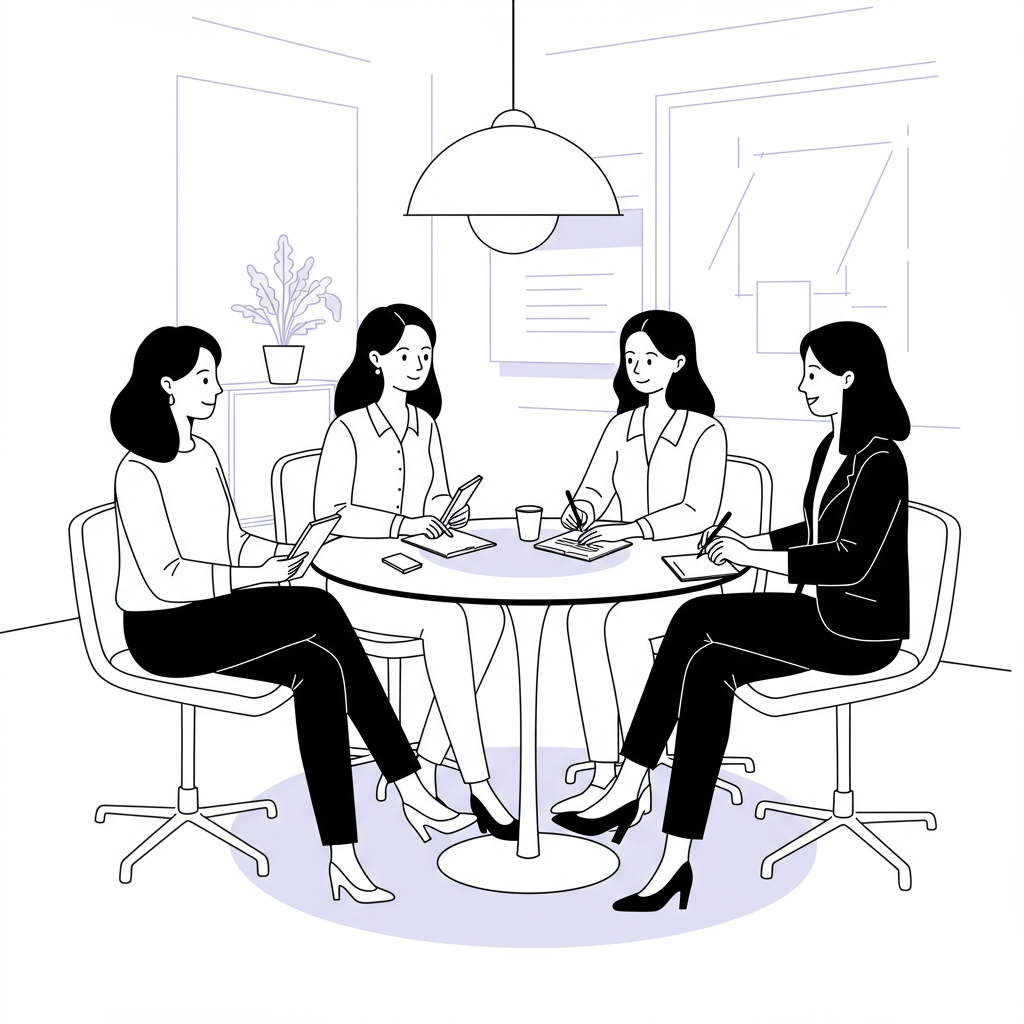 Modern line art illustration: diverse women CEOs collaborating around a table; black, white, and pastel purple. Peer advisory groups | Femmeprenista