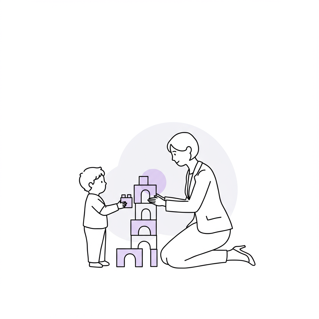 Modern black and white line art: businesswoman kneeling, toddler offering building block tower; pastel purple highlight on block | Femmeprenista