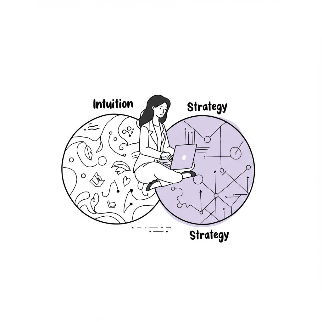 Line art: Businesswoman embodying intuition and strategy, laptop screen with pastel purple highlight. Balanced success | Femmeprenista