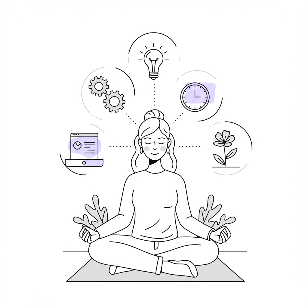 Line art: CEO mum meditating with phone showing icons of balanced life; pastel purple highlight on phone screen | Femmeprenista
