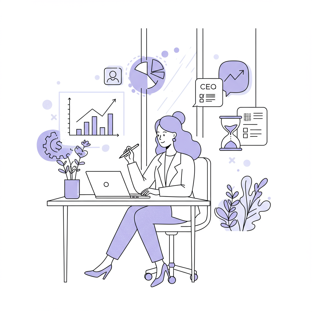 Chic line art: CEO mum at desk surrounded by growth icons, pastel purple pen symbolizes empowered creation | Femmeprenista