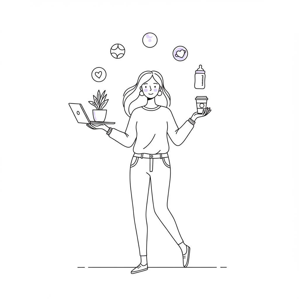 Line art: female entrepreneur gracefully juggling business & family; pastel purple baby bottle symbolizes balance | Femmeprenista