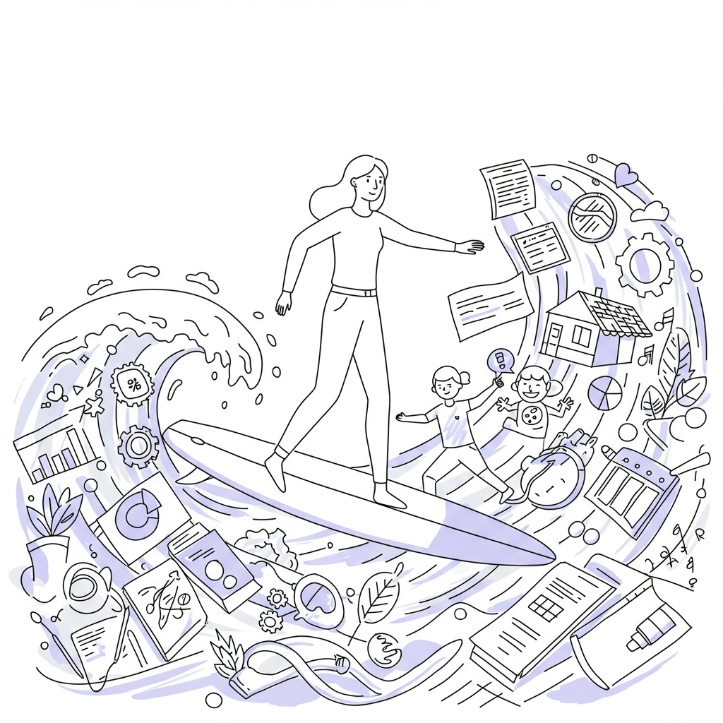 Line art: Entrepreneur balancing on a wave of business and family, surfboard highlighted in pastel purple, symbolizing adaptability | Femmeprenista