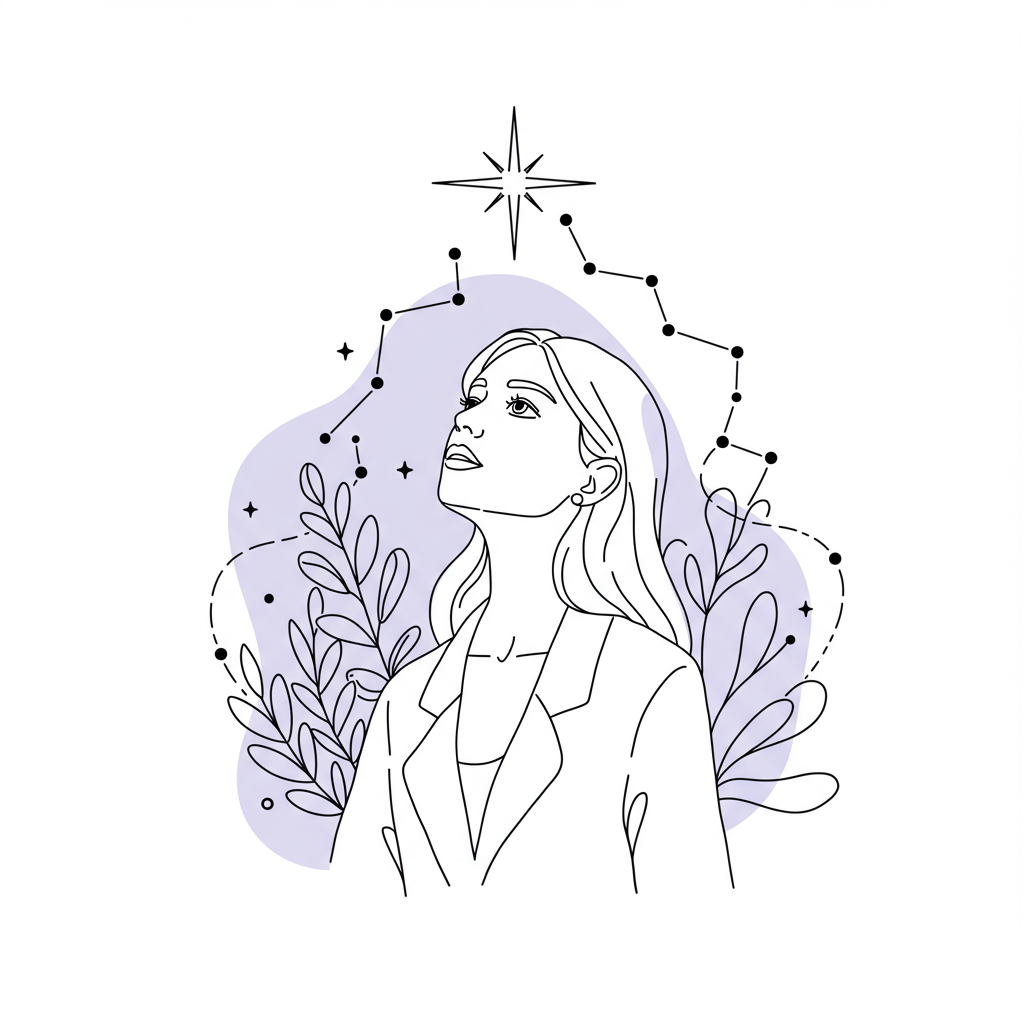 Line art of a confident female entrepreneur gazing at a pastel purple North Star, symbolizing direction | Femmeprenista