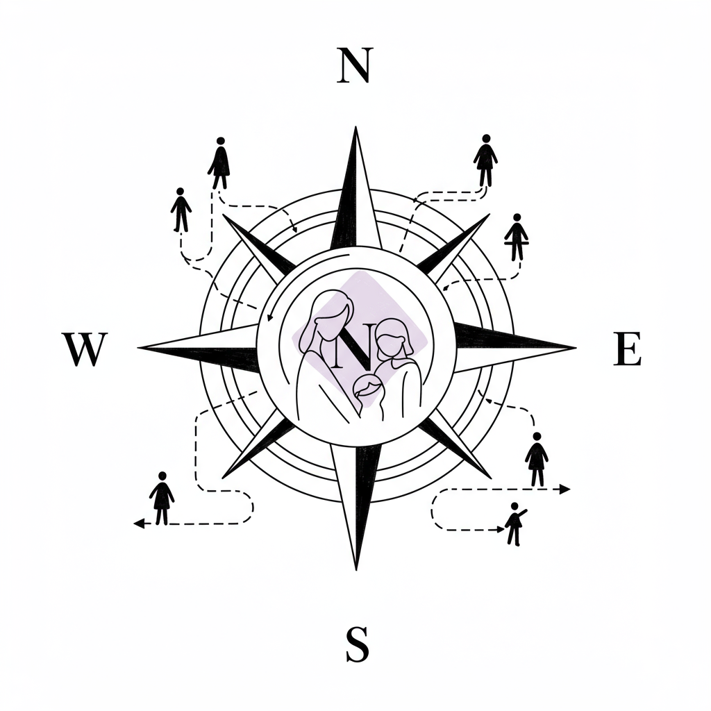 Chic line art compass rose guiding mums in business, pastel purple "N" highlights direction | Femmeprenista