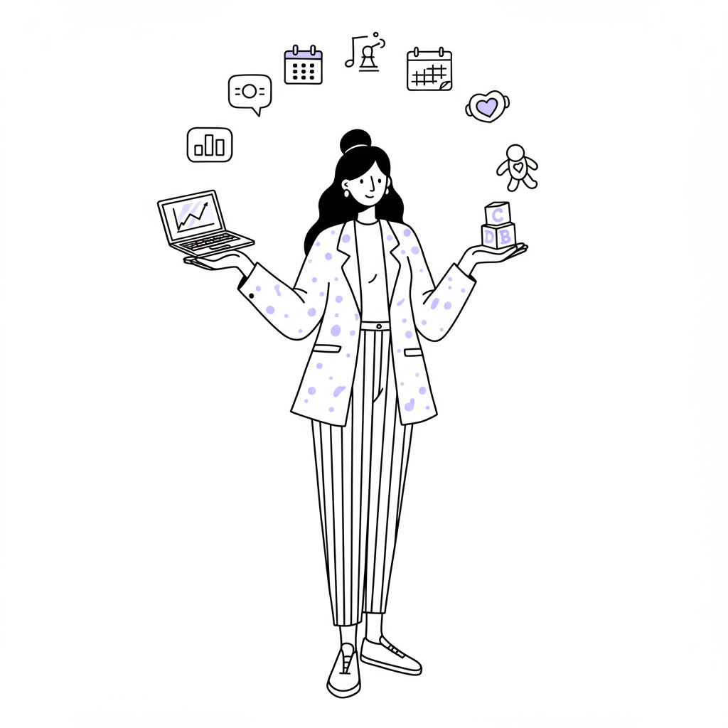 Chic line art: Mother-CEO confidently juggling work/life balance; pastel purple heart detail | Femmeprenista
