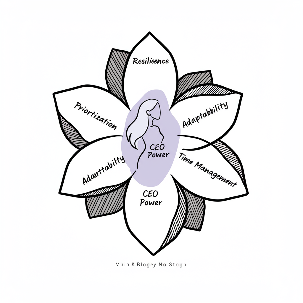 Black and white line art illustration: a blooming flower symbolizing motherhood and entrepreneurship skills; pastel purple female CEO silhouette at center | Femmeprenista