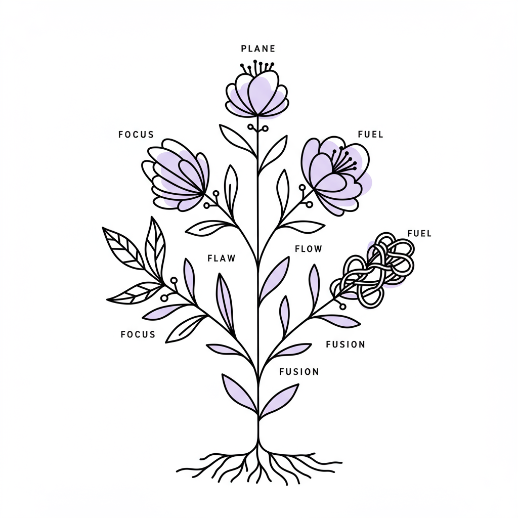Chic black and white line art: Business Flourish Framework plant representing female entrepreneurial success, pastel purple stem | Femmeprenista