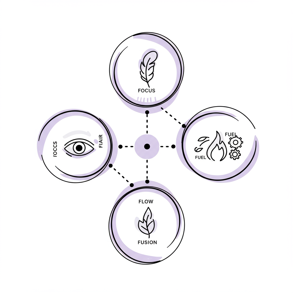 Modern chic line art: Five pillars of the Business Flourish Framework radiating from a pastel purple center | Femmeprenista