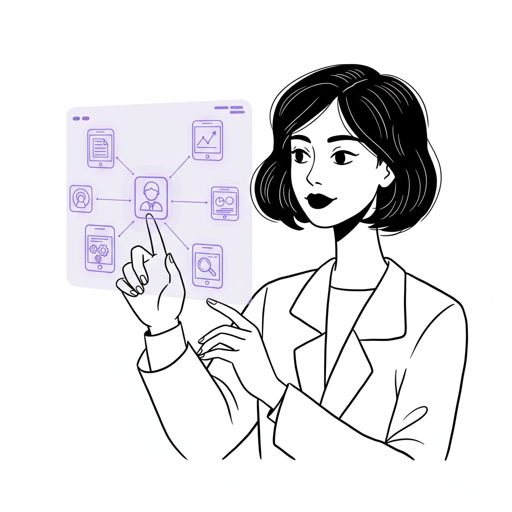 Modern line art: Female entrepreneur confidently uses holographic business apps, pastel purple tech glow, black and white illustration | Femmeprenista