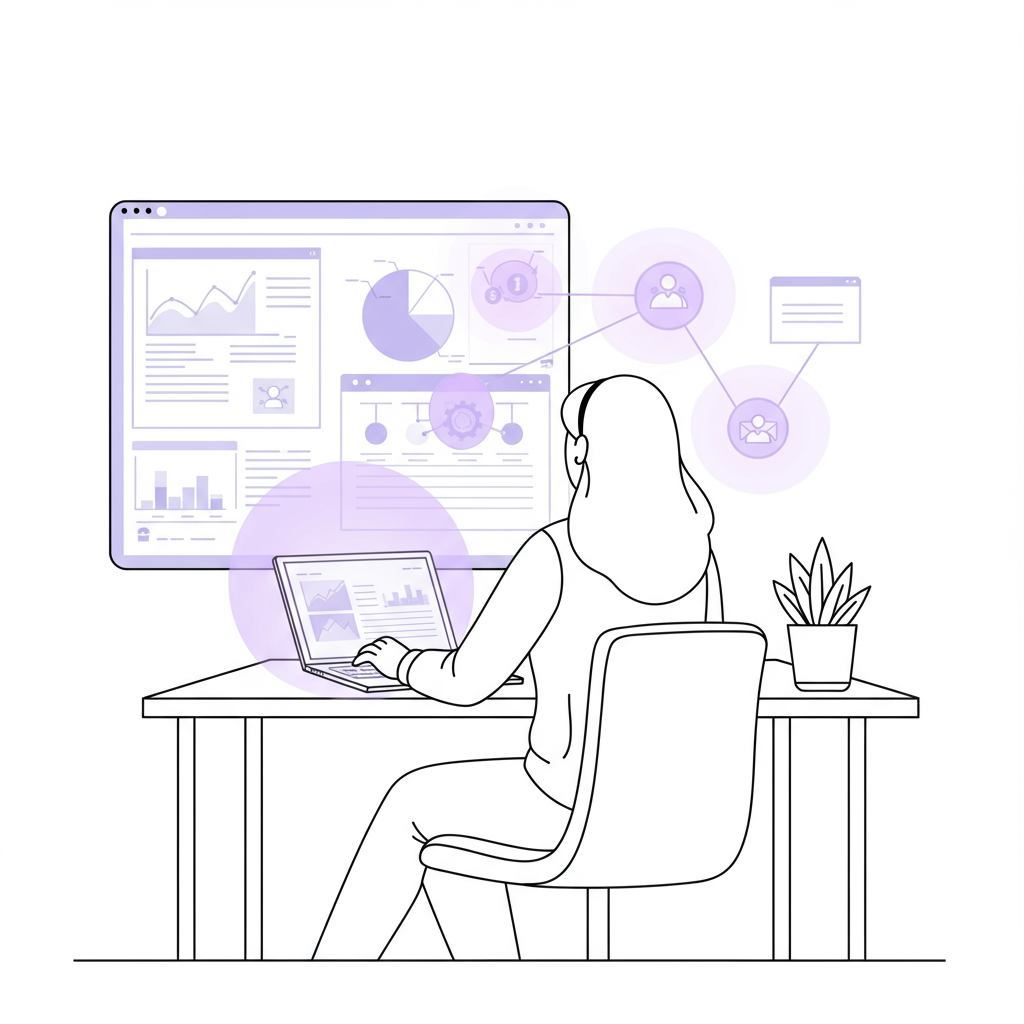 Chic black and white line art: female entrepreneur views glowing dashboard, pastel purple screen highlights tech connections | Femmeprenista