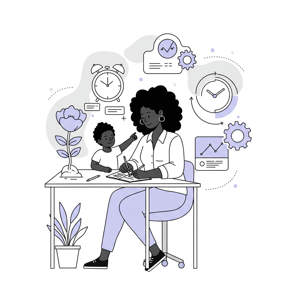 Black and white line art: Mumpreneur sketching with child, growth icons, pastel purple accent on seedling flower | Femmeprenista
