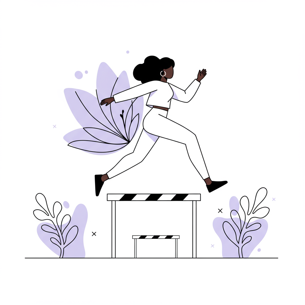 Chic line art of a Black mumpreneur leaping over obstacles toward growth, pastel purple flower detail | Femmeprenista