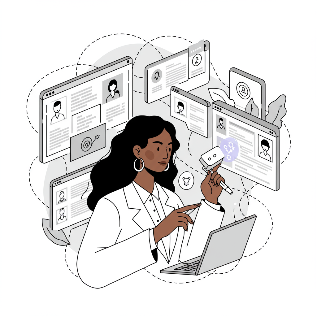 Line art: female entrepreneur elegantly manages CRM screens; pastel purple digital pen symbolizes focus | Femmeprenista