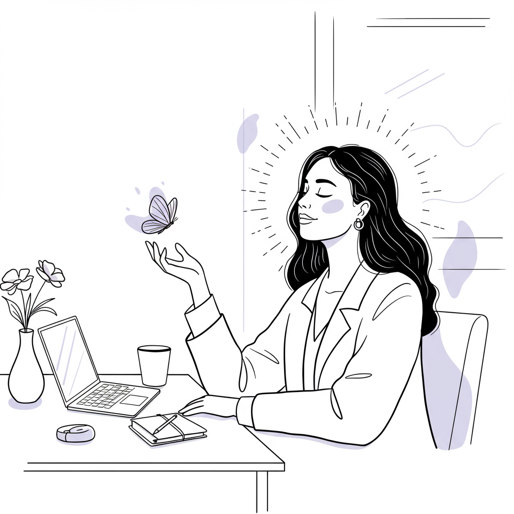 Line art: Serene female entrepreneur with butterfly, desk with laptop, stylized sun and pastel purple wings symbolizes calm and growth | Femmeprenista
