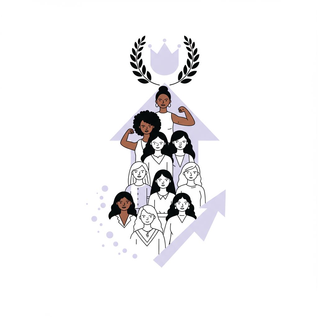 Modern line art: diverse women forming an upward arrow to a purple laurel wreath, symbolizing leadership | Femmeprenista