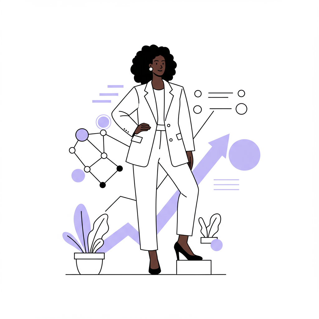 Modern line art: Black female CEO on upward arrow, symbolizing strategic growth; pastel purple accent on blazer | Femmeprenista