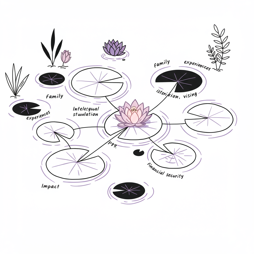 Modern line art: interconnected lily pads symbolize a "rich life" vision for vision to legacy entrepreneurs, purple accent on central pad | Femmeprenista