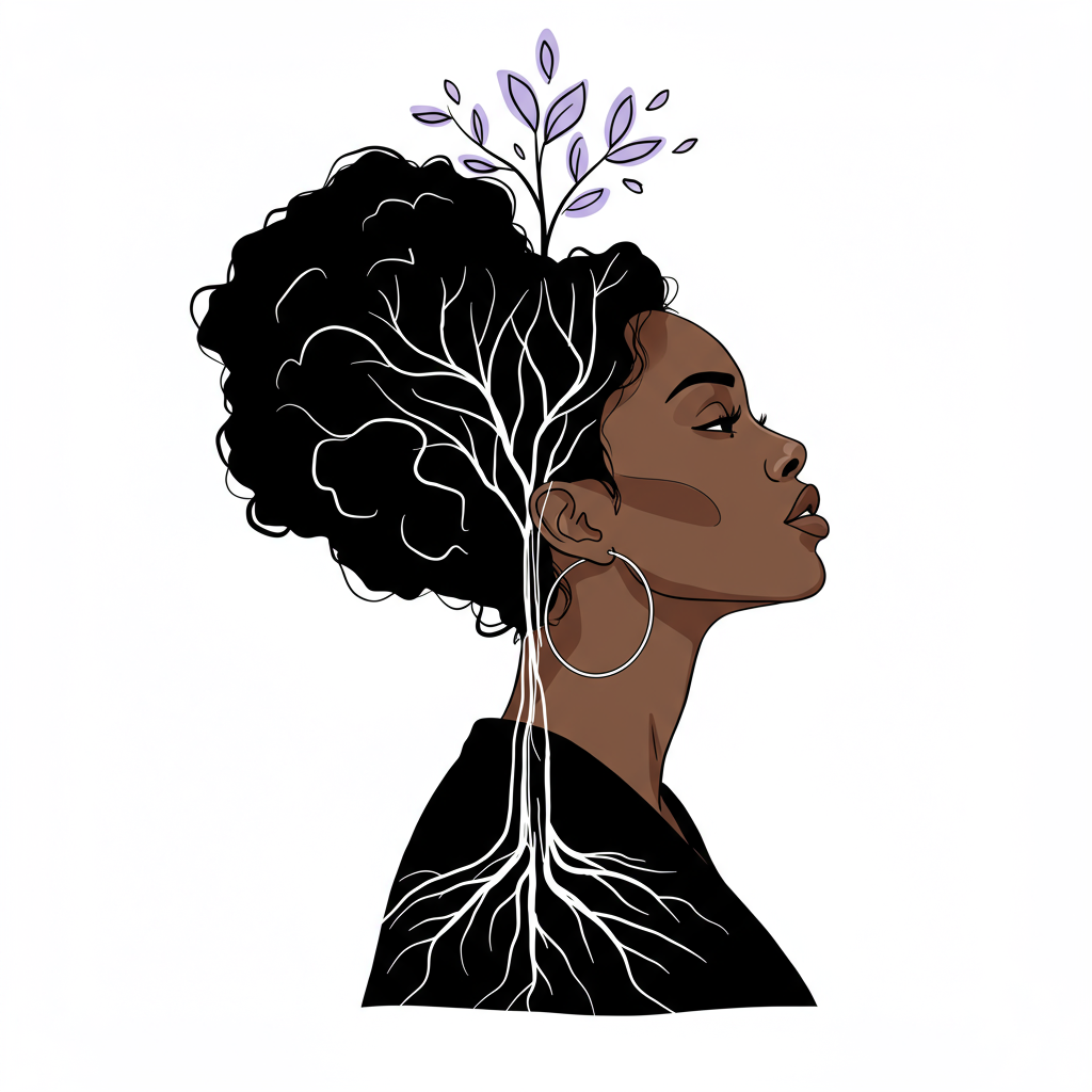 Chic line art: Black woman entrepreneur's vision blossoming into a legacy; black, white, pastel purple leaf | Femmeprenista