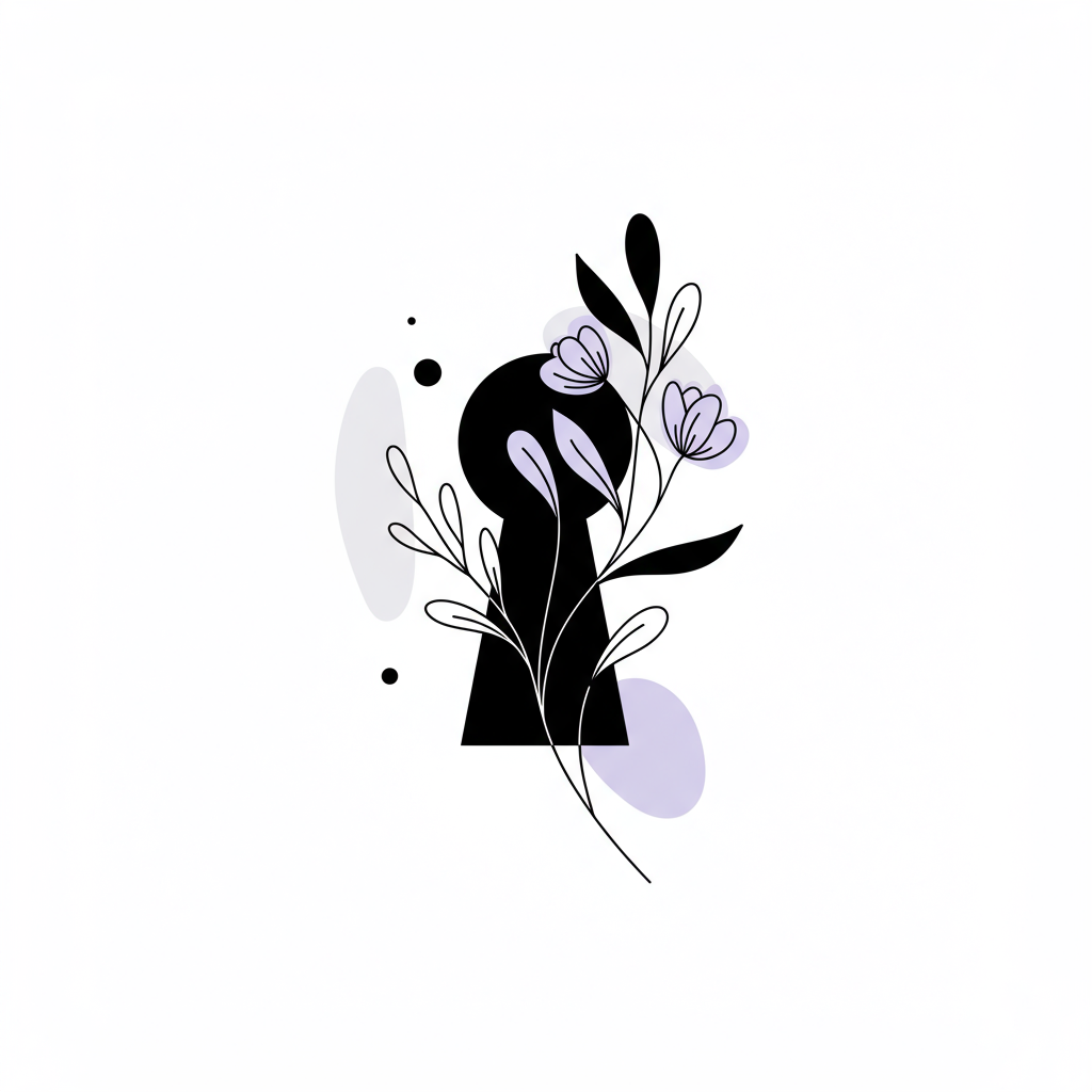 Line art: Stylized keyhole unlocks flourishing plant, pastel purple flowers symbolize blossoming confidence for women in business | Femmeprenista