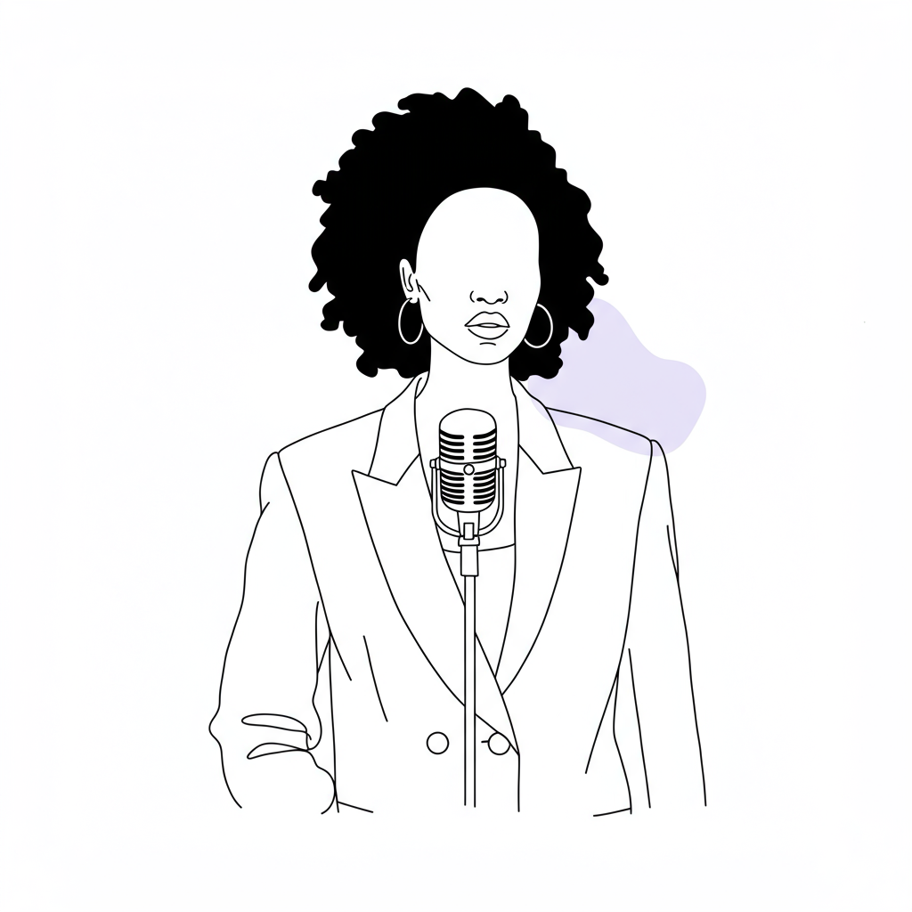 Line art illustration: Confident Black woman CEO with mic, pastel purple geometric accent, build business confidence women | Femmeprenista