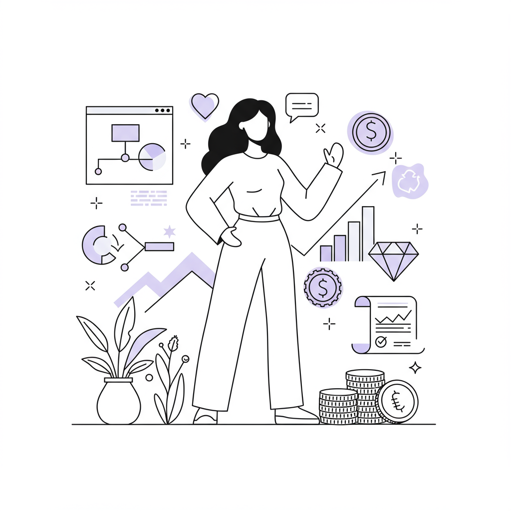 Chic black and white line art of a confident woman surrounded by financial growth symbols, pastel purple highlight on a heart | Femmeprenista
