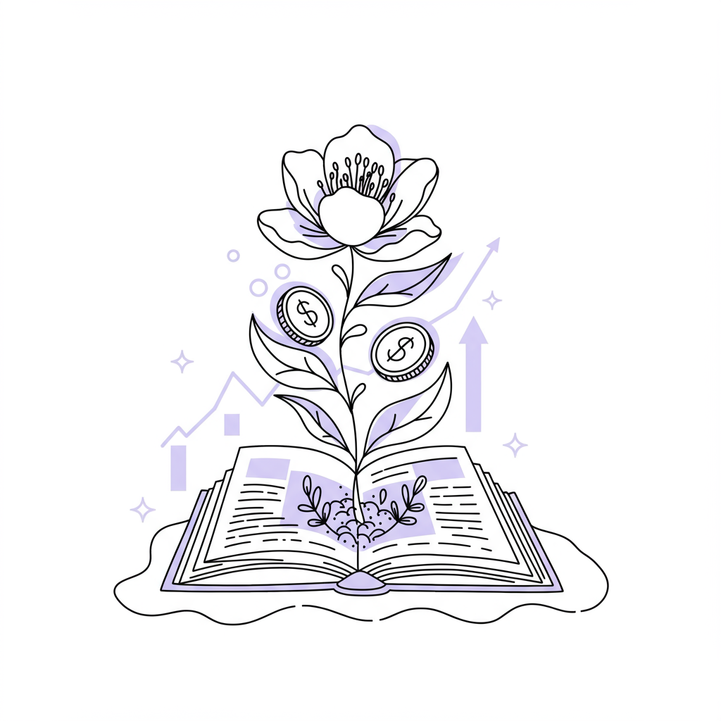 Chic black and white line art: Flower with coin petals blooms from open book, pastel purple stamen symbolizes financial empowerment | Femmeprenista