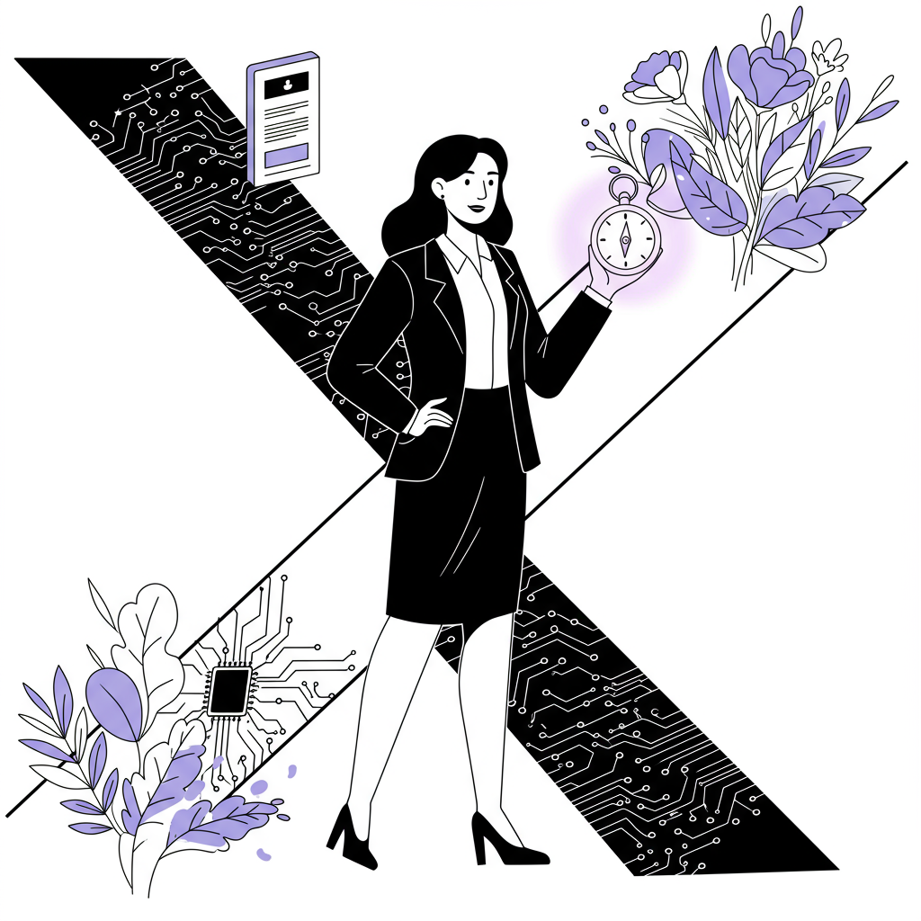 Line art illustration: Chic female entrepreneur at a crossroads of tech and values, holding a pastel purple compass | Femmeprenista