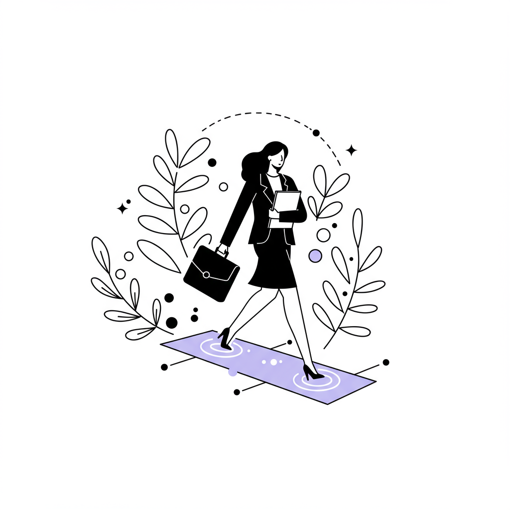 Chic black and white line art: A femmepreneur confidently strides on glowing pastel purple digital nodes, symbolizing a future-proof business | Femmeprenista