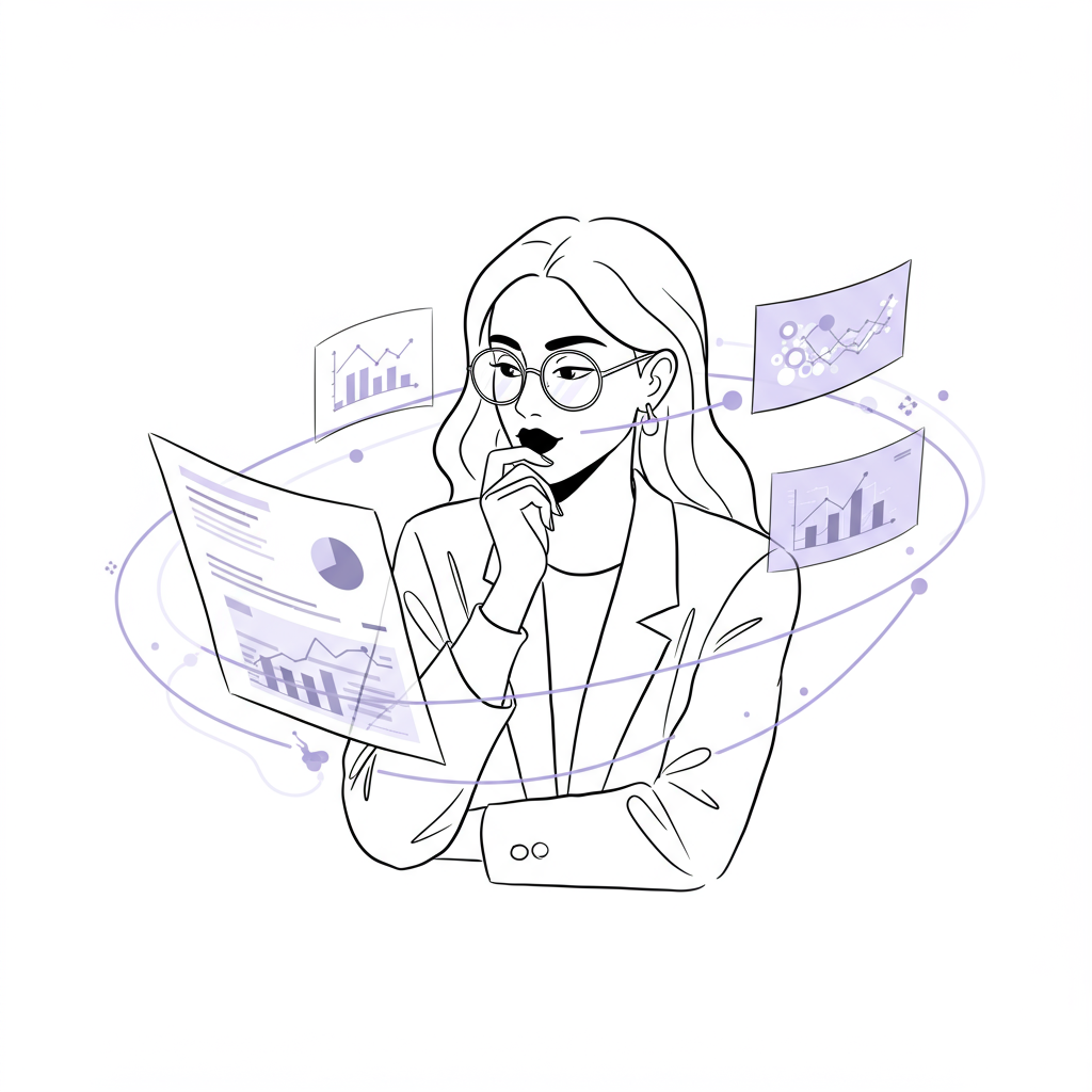 Chic line art: femmeprenista reviewing AI market research data streams, black and white with purple glasses detail | Femmeprenista