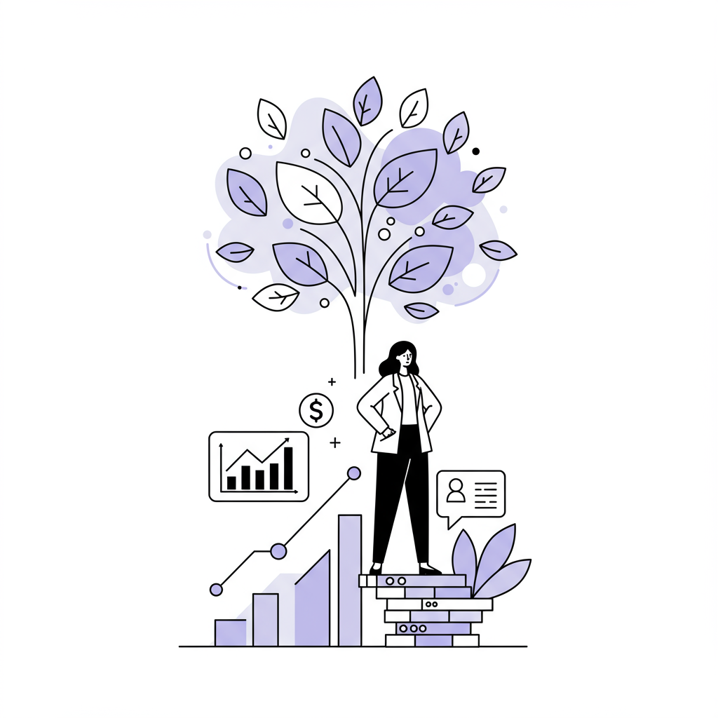 Chic line art: Femmeprenista on data foundation, AI insights yield flourishing growth; pastel purple leaves | Femmeprenista