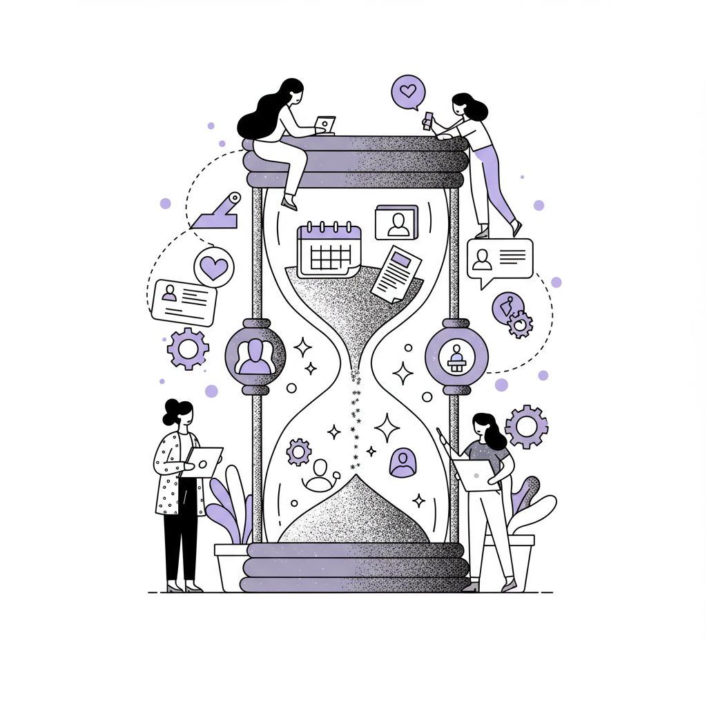 Chic line art: Delegating tasks (icons in hourglass) empowers a CEO surrounded by her dream team; pastel purple stars sparkle | Femmeprenista