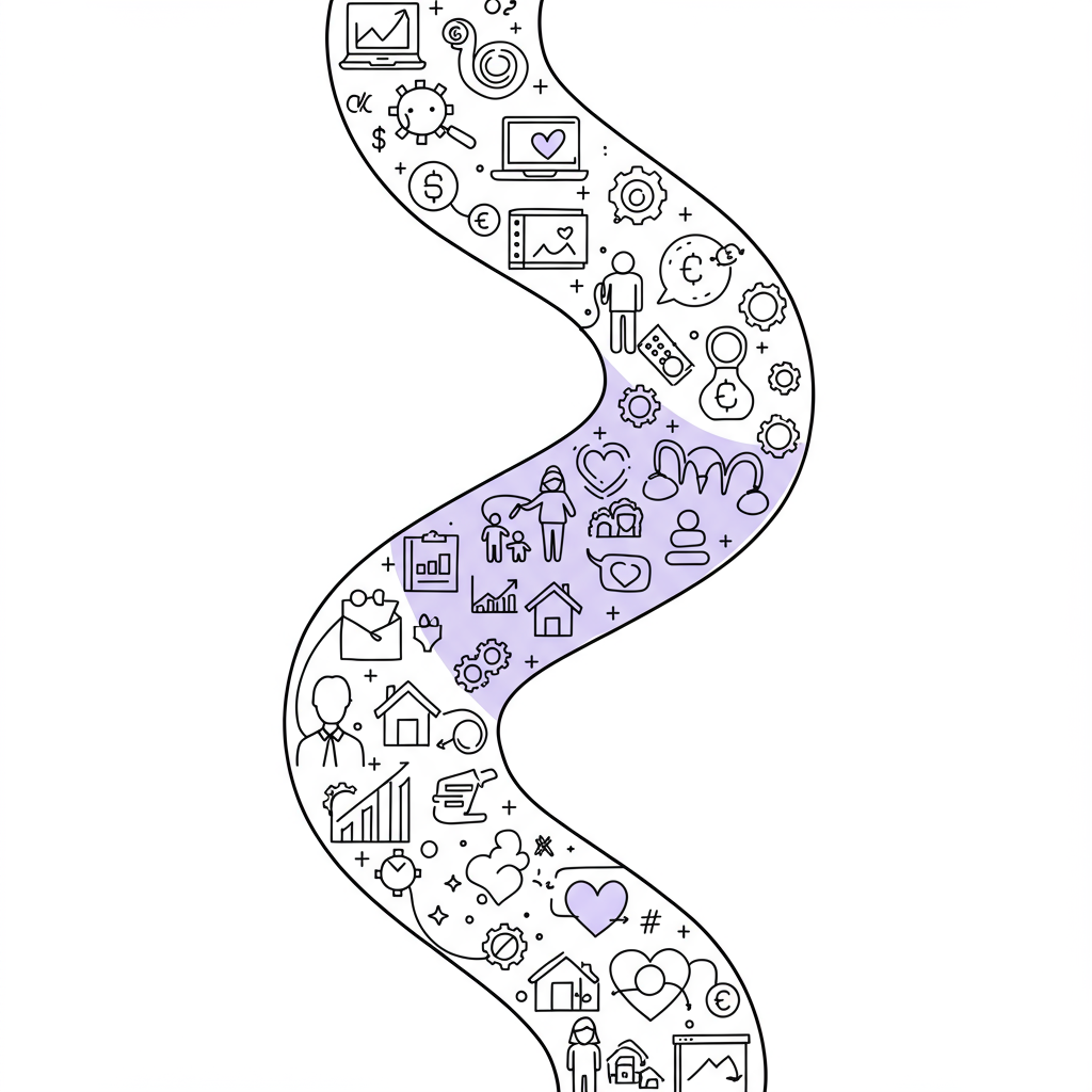 Modern line art: a Mobius strip symbolizing seamless business and family integration; pastel purple highlights continuous flow | Femmeprenista