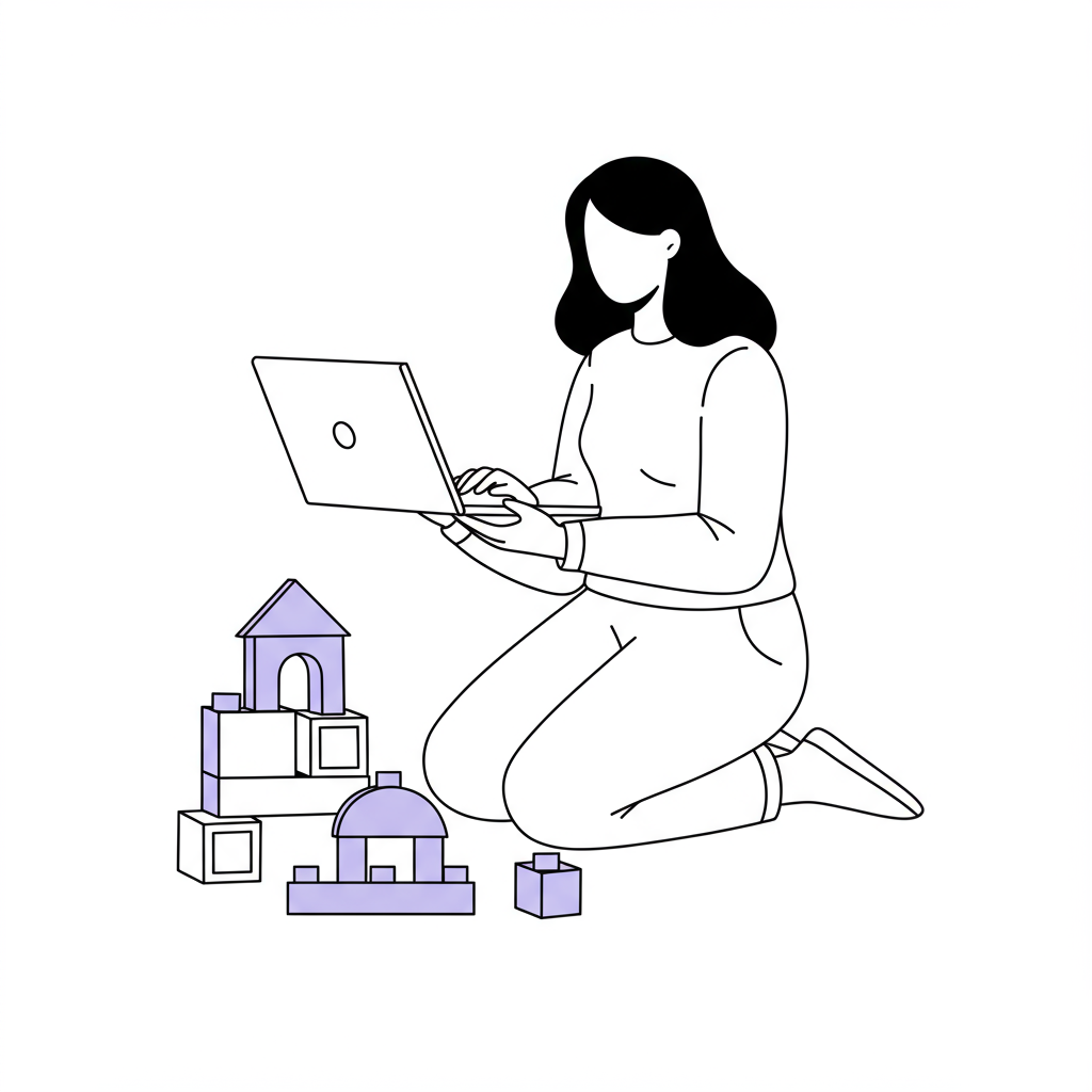 Modern line art of a Latina mumpreneur balancing laptop and building blocks, symbolizing work-life integration; pastel purple accent block | Femmeprenista
