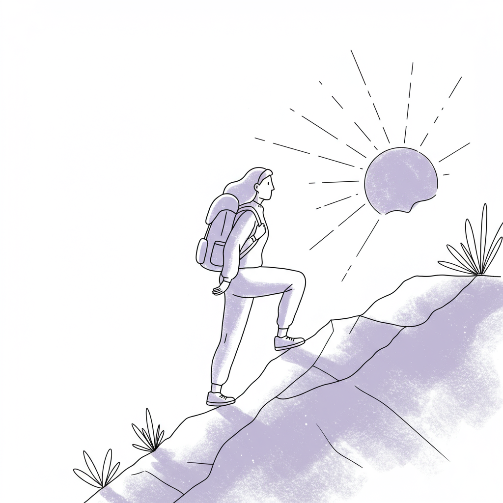 Black and white line art: a female entrepreneur climbs a mountain, symbolizing resilience and overcoming self-doubt; purple backpack accent | Femmeprenista