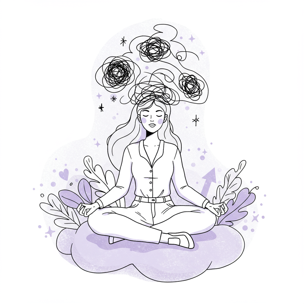 Line art: Female entrepreneur meditating on a pastel purple cloud, transforming self-doubt to confidence in black and white | Femmeprenista