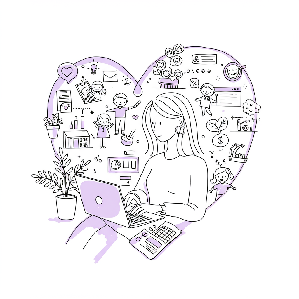 Line art: Mum working at laptop amidst swirling home tasks within a heart, pastel purple laptop screen. Holistic business coaching for mums | Femmeprenista