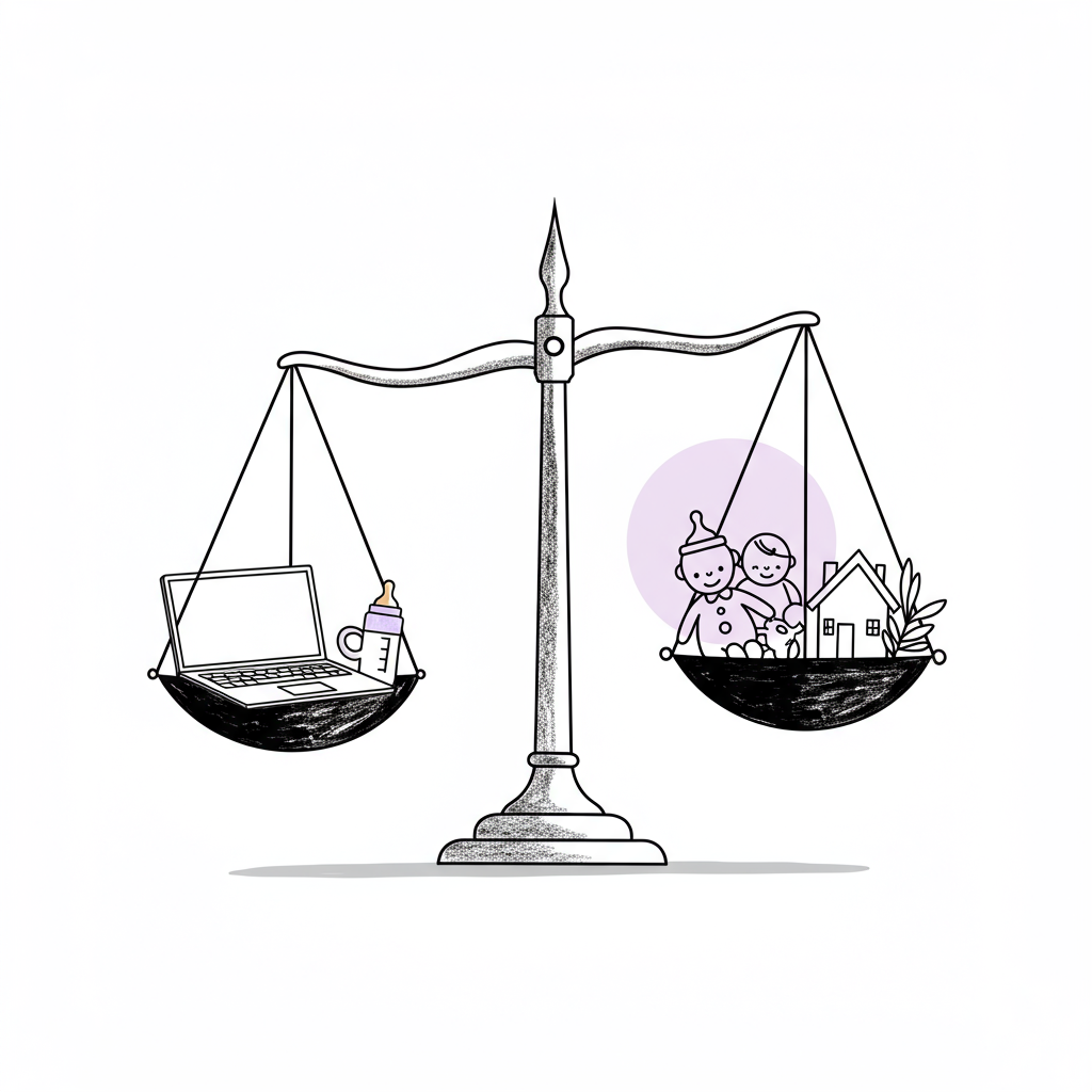 Black and white line art illustration: Balanced scale showing laptop (business) and baby bottle/toy/house (family); pastel purple accent on fulcrum symbolizes business coaching for mums | Femmeprenista