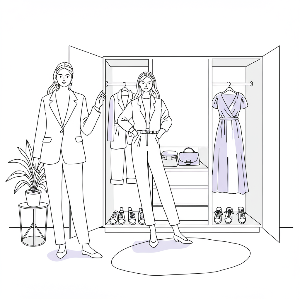 Chic line art: Confident femmeprenista before a closet of diverse styles, pastel purple accent on handbag | Femmeprenista