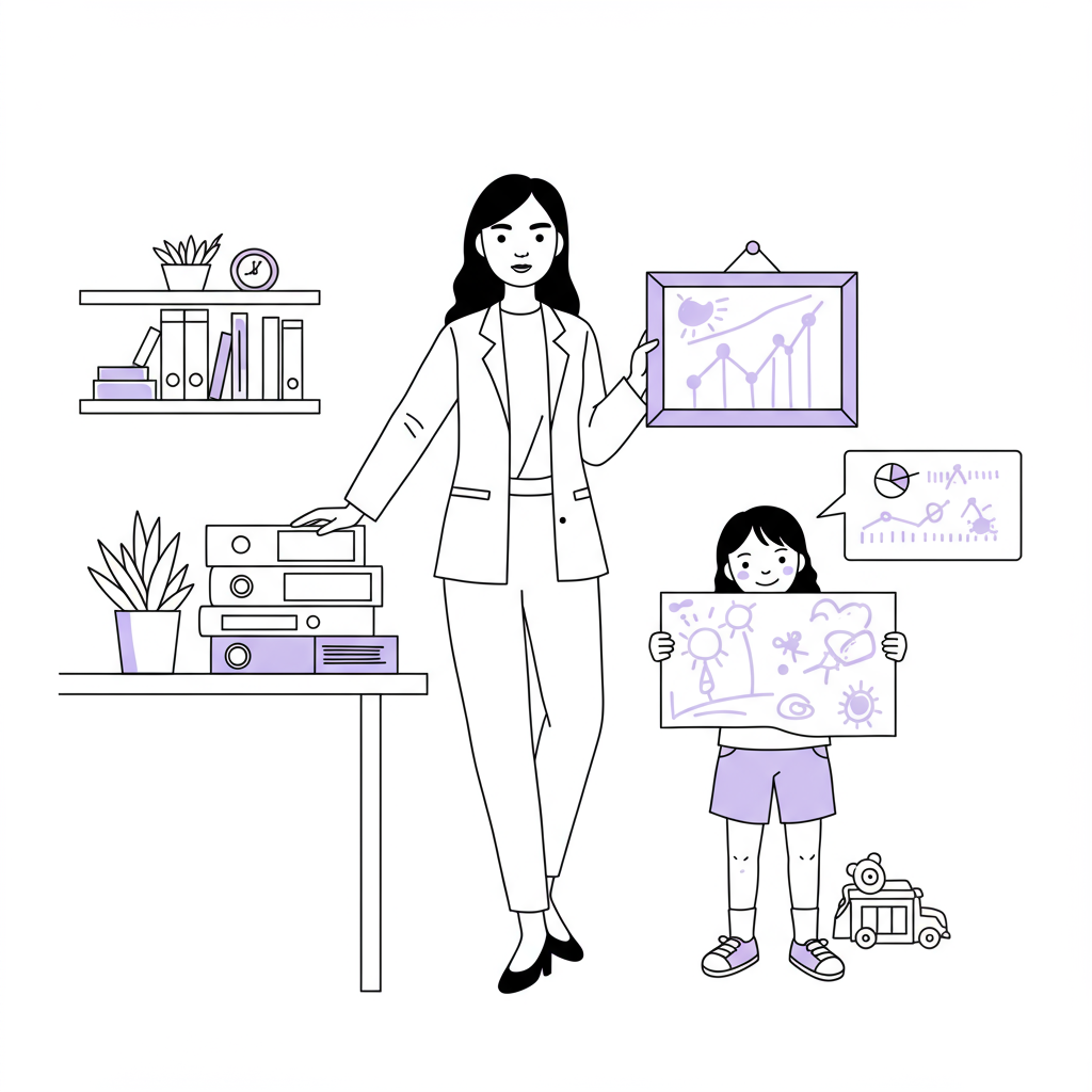 Line art: Latina/Asian entrepreneur balancing work folders & child's drawing; pastel purple frame highlights preciousness | Femmeprenista